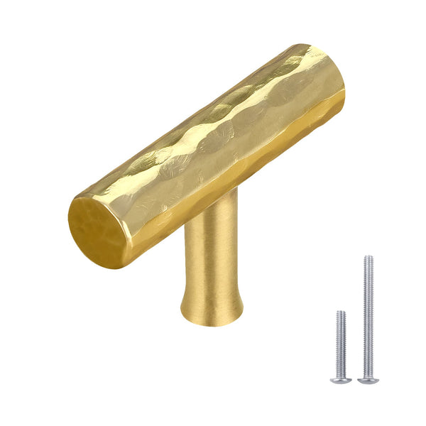 Luchar Hammered Polished Gold Kitchen T Bar Cabinet Pulls 100% Solid Brass Drawer Knob