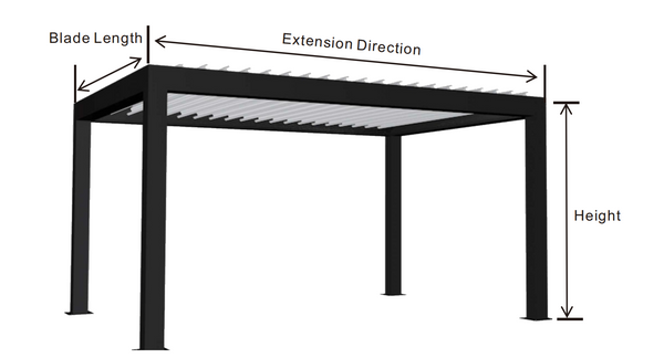 Diagram of a pergola with labeled dimensions on a white background