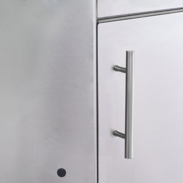 A black stainless steel corner cabinet with a gold trim, designed for outdoor kitchens.