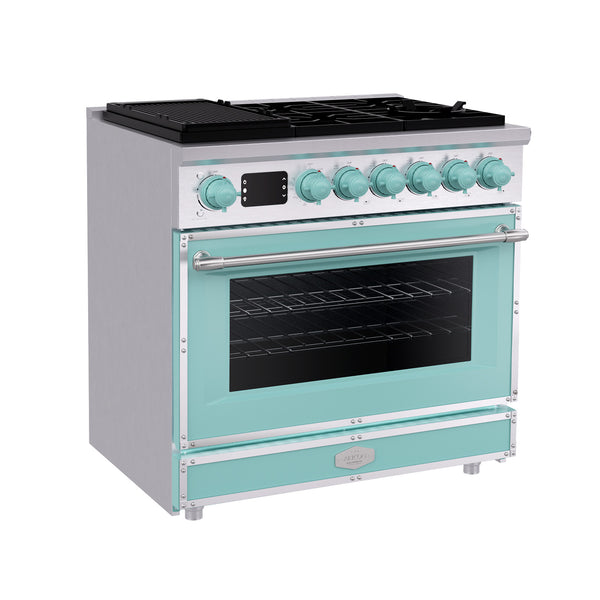 Luchar 36" Professional Custom Style Gas Range with 5.2 Cu. Ft. Oven, 6 Burners, Convection Fan, Cast Iron Grates, Clock and Timer