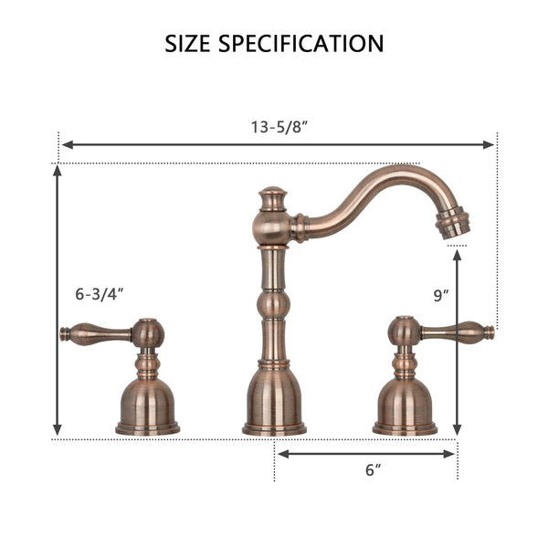 A polished copper finish, widespread two-handle bathroom with a high arch faucet spout and two lever handles.