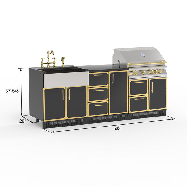 Outdoor Kitchen Stainless Steel 4-Piece Cabinet Set with Sink, Grill, 3-Drawer 1 Door Cabinet and Grill, Black