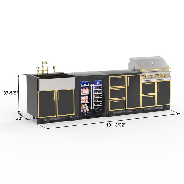 Outdoor Kitchen Stainless Steel 6-Piece Cabinet Set with Appliance, Sink,Grill,3-Drawer 1 Door, Cabinet, Grill and Fridge, Black