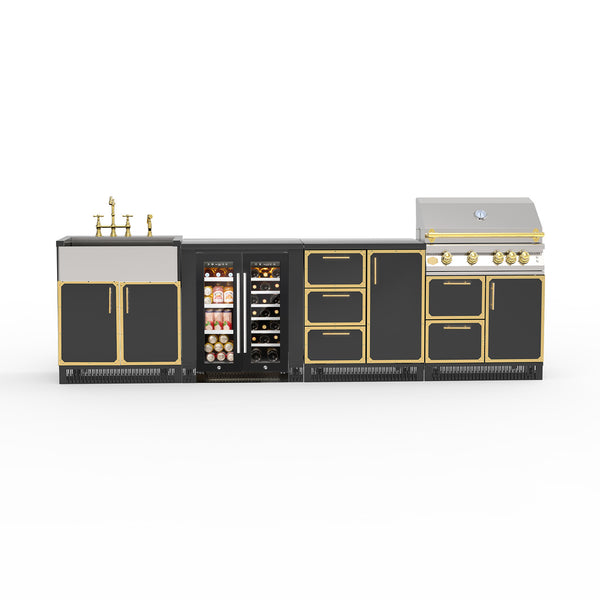 Outdoor Kitchen Stainless Steel 6-Piece Cabinet Set with Appliance, Sink,Grill,3-Drawer 1 Door, Cabinet, Grill and Fridge, Black