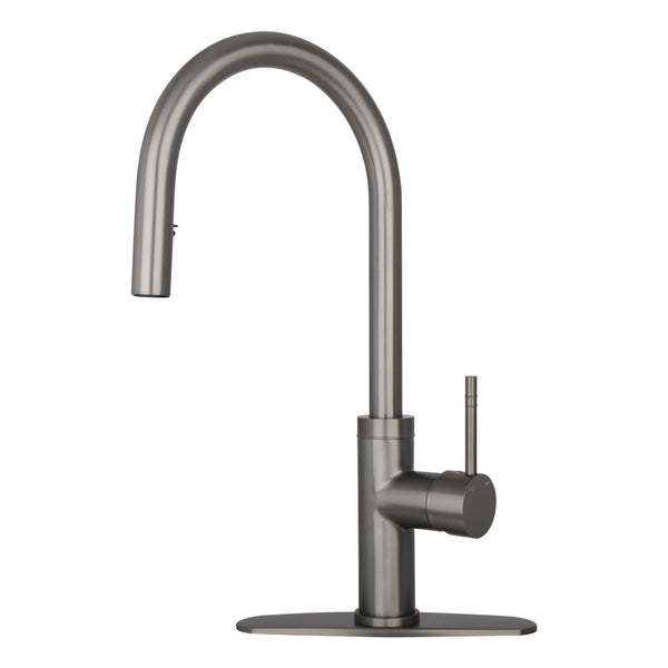 A black, single-lever kitchen faucet with a pull-out sprayer and a deck plate.
