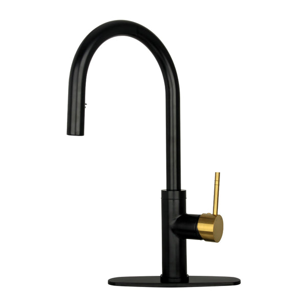 Matte black kitchen faucet with brushed gold accents, featuring a pull out sprayer and a lever handle.