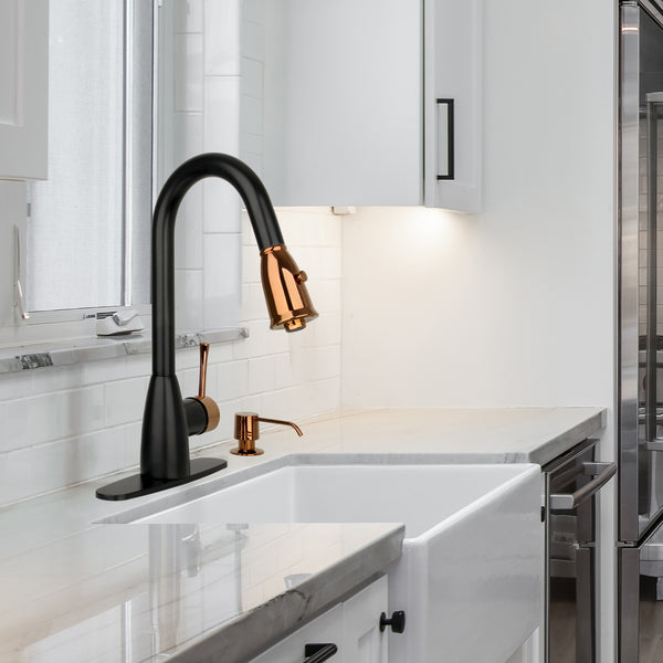 Two-Tone Matte Black & Rose Gold Pull Out Kitchen Faucet with Deck Plate, Single Level Solid Brass Kitchen Sink Faucets with Pull Down Sprayer