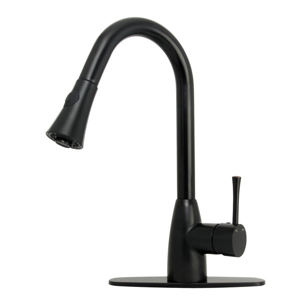 Matte black pull out kitchen faucet with deck plate, featuring a single handle and a pull-down sprayer.