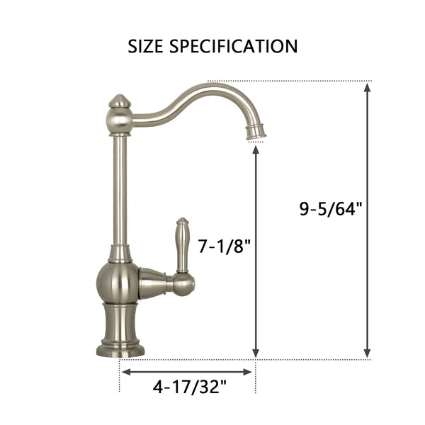 A brushed nickel single-handle drinking water filter faucet.