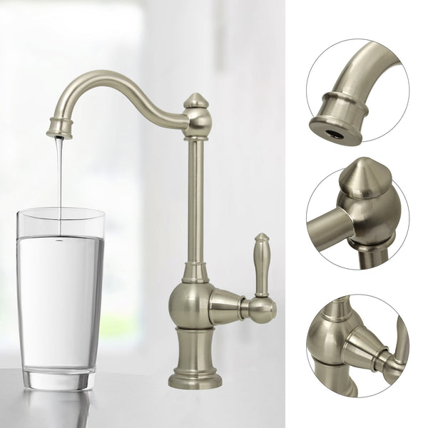 A brushed nickel single-handle drinking water filter faucet.