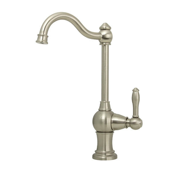 A brushed nickel single-handle drinking water filter faucet.