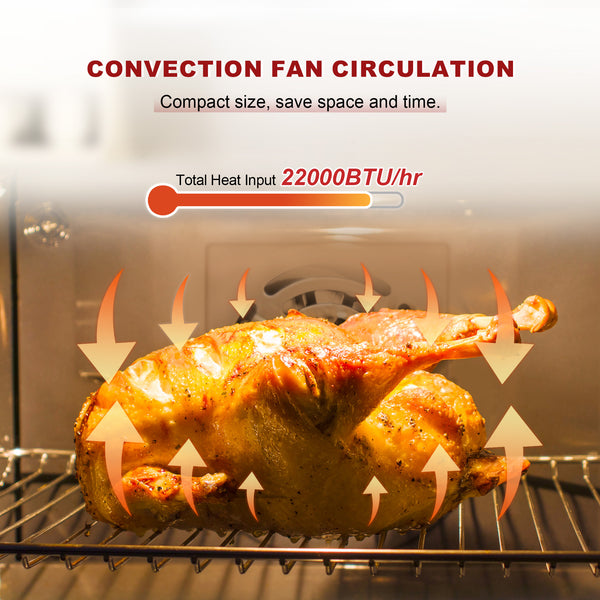 Roasted chicken in an oven with convection fan circulation graphics and text.
