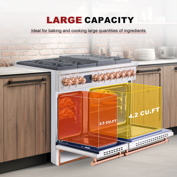 Kitchen appliance with large capacity storage bins labeled 4.2 CU.FT and 2.5 CU.FT, set against a kitchen background.