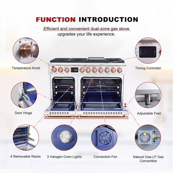 Dual-zone gas stove with labeled components on a white background