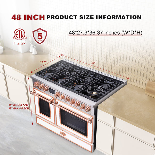 Stove with dimensions labeled on a kitchen counter, featuring Intertek certification.