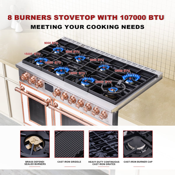Stovetop with 8 burners and 107000 BTU capacity, featuring brass defrost sealers and other features.