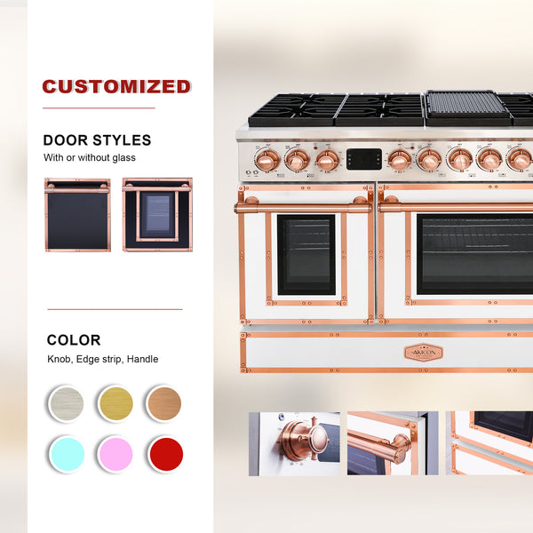 Stainless steel kitchen stove with customizable door styles and color options on a beige background.