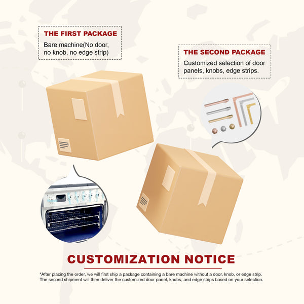 Two cardboard boxes with customization options for a machine, including door panels, knobs, and edge strips.