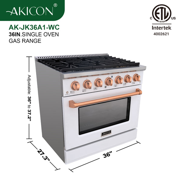 Luchar 36" Slide-in Freestanding Professional Style Gas Range with 5.2 Cu. Ft. Oven, 6 Burners, Convection Fan, Cast Iron Grates. White & Copper
