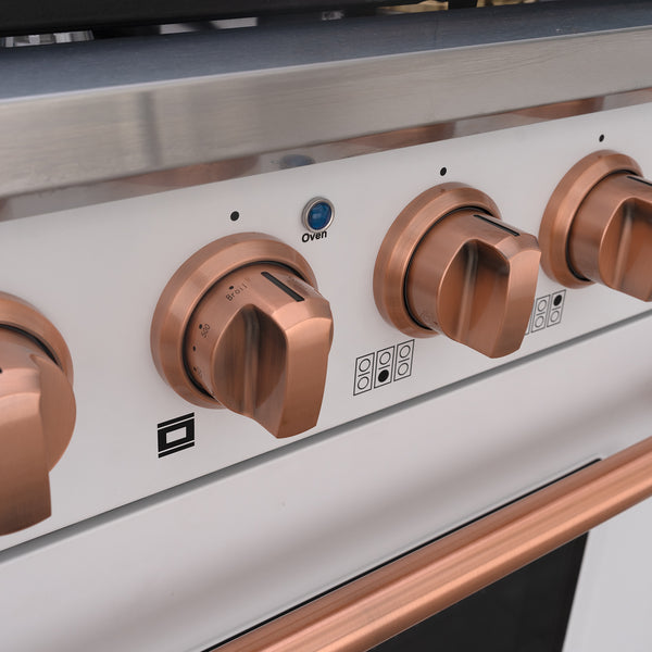 Luchar 36" Slide-in Freestanding Professional Style Gas Range with 5.2 Cu. Ft. Oven, 6 Burners, Convection Fan, Cast Iron Grates. White & Copper