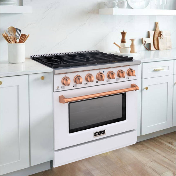 Luchar 36" Slide-in Freestanding Professional Style Gas Range with 5.2 Cu. Ft. Oven, 6 Burners, Convection Fan, Cast Iron Grates. White & Copper
