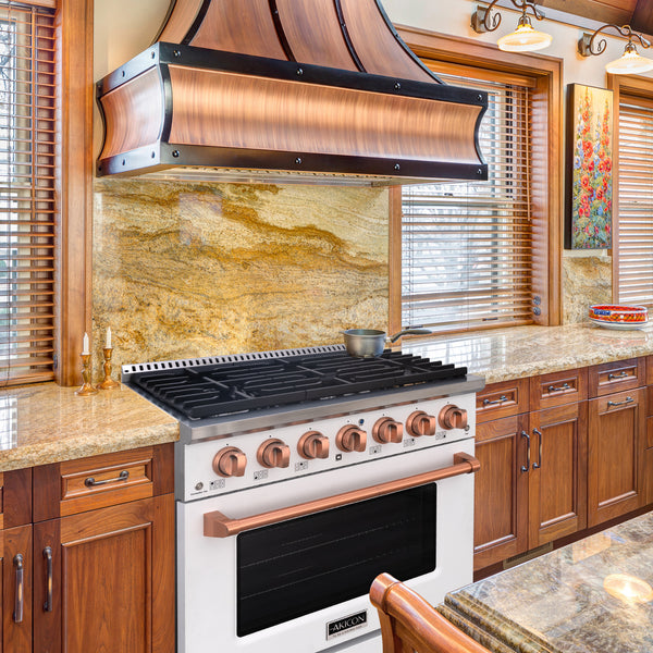 Luchar 36" Slide-in Freestanding Professional Style Gas Range with 5.2 Cu. Ft. Oven, 6 Burners, Convection Fan, Cast Iron Grates. White & Copper