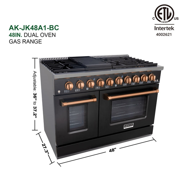 Luchar 48" Slide-in Freestanding Professional Style Gas Range with 6.7 Cu. Ft. Oven, 8 Burners, Convection Fan, Cast Iron Grates. Black & Copper