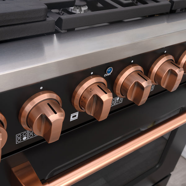 Luchar 48" Slide-in Freestanding Professional Style Gas Range with 6.7 Cu. Ft. Oven, 8 Burners, Convection Fan, Cast Iron Grates. Black & Copper