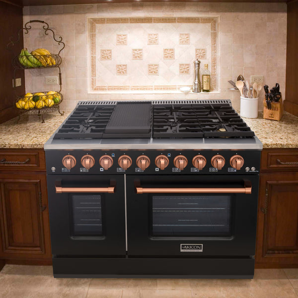 Luchar 48" Slide-in Freestanding Professional Style Gas Range with 6.7 Cu. Ft. Oven, 8 Burners, Convection Fan, Cast Iron Grates. Black & Copper