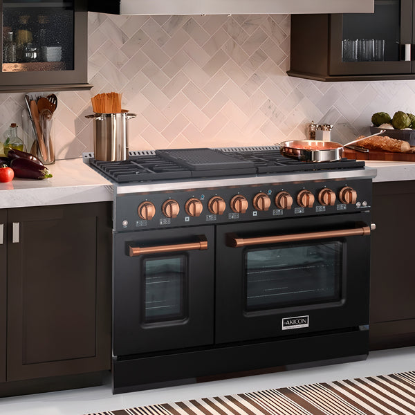 Luchar 48" Slide-in Freestanding Professional Style Gas Range with 6.7 Cu. Ft. Oven, 8 Burners, Convection Fan, Cast Iron Grates. Black & Copper