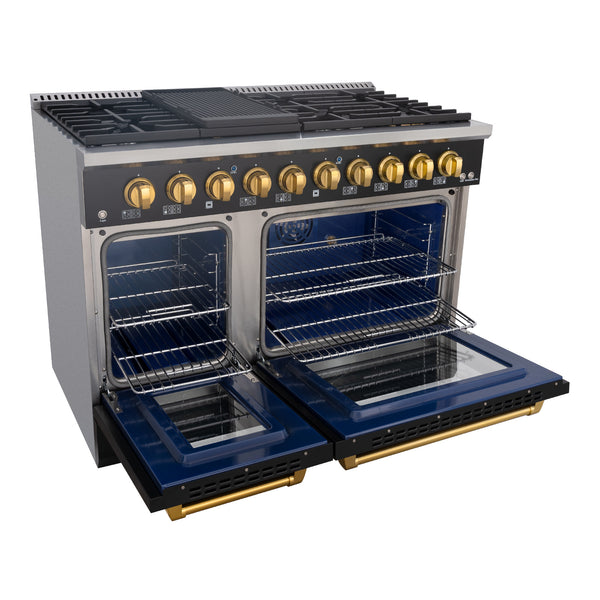 Luchar 48" Slide-in Freestanding Professional Style Gas Range with 6.7 Cu. Ft. Oven, 8 Burners, Convection Fan, Cast Iron Grates. Black & Gold