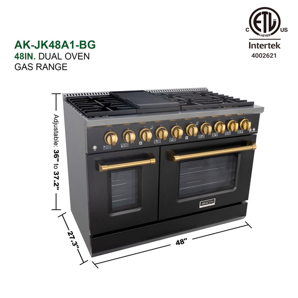 Luchar 48" Slide-in Freestanding Professional Style Gas Range with 6.7 Cu. Ft. Oven, 8 Burners, Convection Fan, Cast Iron Grates. Black & Gold