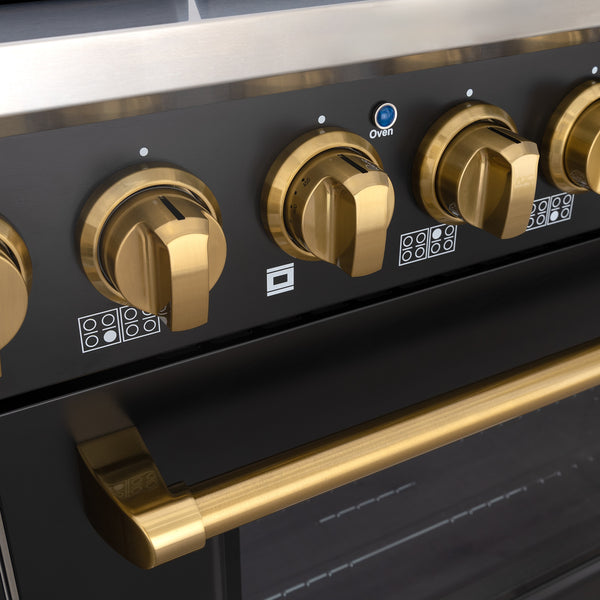 Luchar 48" Slide-in Freestanding Professional Style Gas Range with 6.7 Cu. Ft. Oven, 8 Burners, Convection Fan, Cast Iron Grates. Black & Gold