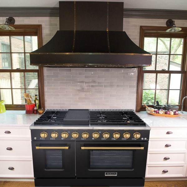Luchar 48" Slide-in Freestanding Professional Style Gas Range with 6.7 Cu. Ft. Oven, 8 Burners, Convection Fan, Cast Iron Grates. Black & Gold