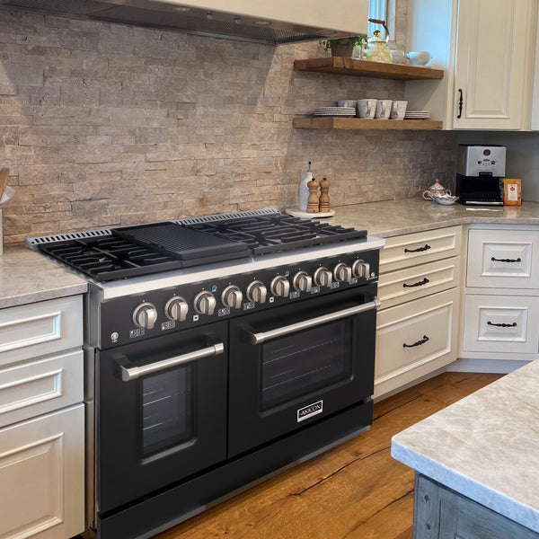 Luchar 48" Slide-in Freestanding Professional Style Gas Range with 6.7 Cu. Ft. Oven, 8 Burners, Convection Fan, Cast Iron Grates. Black & Stainless Steel