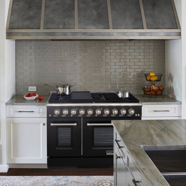 Luchar 48" Slide-in Freestanding Professional Style Gas Range with 6.7 Cu. Ft. Oven, 8 Burners, Convection Fan, Cast Iron Grates. Black & Stainless Steel