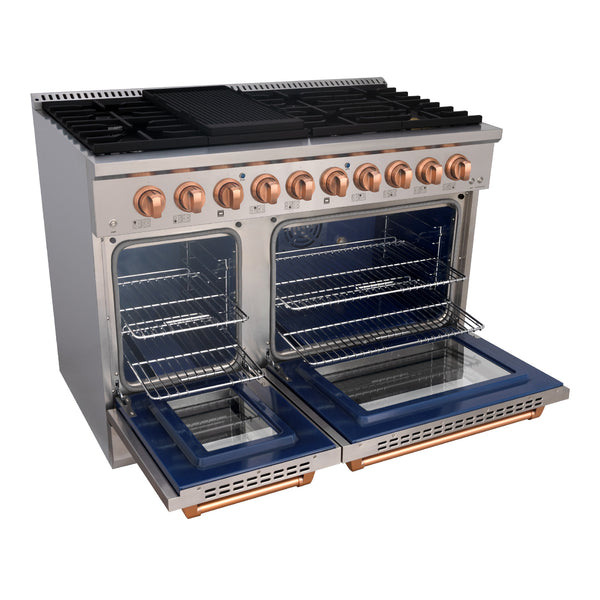 Luchar 48" Slide-in Freestanding Professional Style Gas Range with 6.7 Cu. Ft. Oven, 8 Burners, Convection Fan, Cast Iron Grates. Stainless Steel & Copper