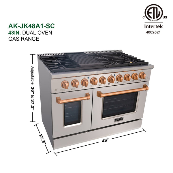 Luchar 48" Slide-in Freestanding Professional Style Gas Range with 6.7 Cu. Ft. Oven, 8 Burners, Convection Fan, Cast Iron Grates. Stainless Steel & Copper