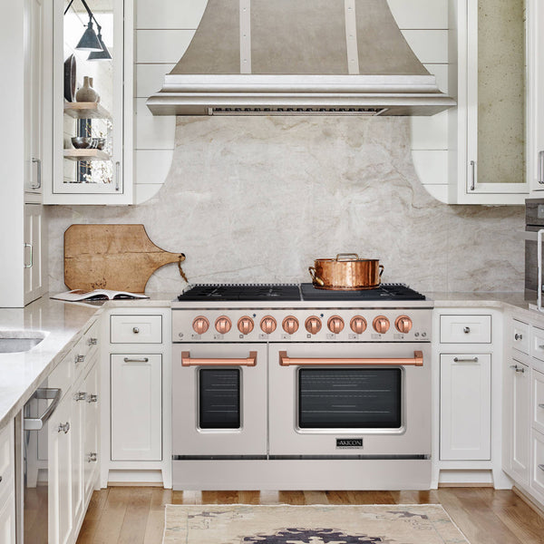 Luchar 48" Slide-in Freestanding Professional Style Gas Range with 6.7 Cu. Ft. Oven, 8 Burners, Convection Fan, Cast Iron Grates. Stainless Steel & Copper