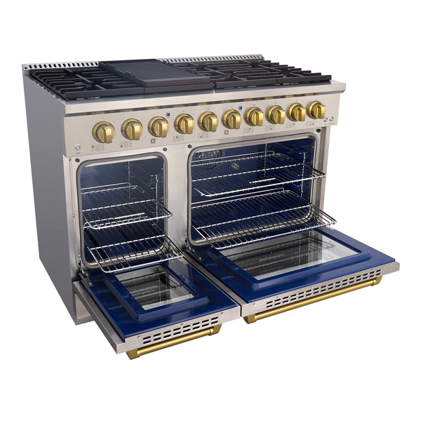Luchar 48" Slide-in Freestanding Professional Style Gas Range with 6.7 Cu. Ft. Oven, 8 Burners, Convection Fan, Cast Iron Grates. Stainless Steel & Gold