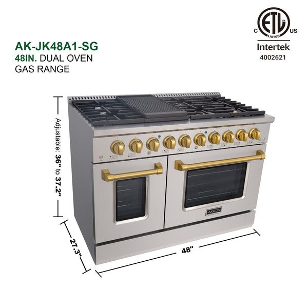 Luchar 48" Slide-in Freestanding Professional Style Gas Range with 6.7 Cu. Ft. Oven, 8 Burners, Convection Fan, Cast Iron Grates. Stainless Steel & Gold