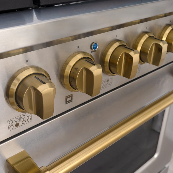 Luchar 48" Slide-in Freestanding Professional Style Gas Range with 6.7 Cu. Ft. Oven, 8 Burners, Convection Fan, Cast Iron Grates. Stainless Steel & Gold