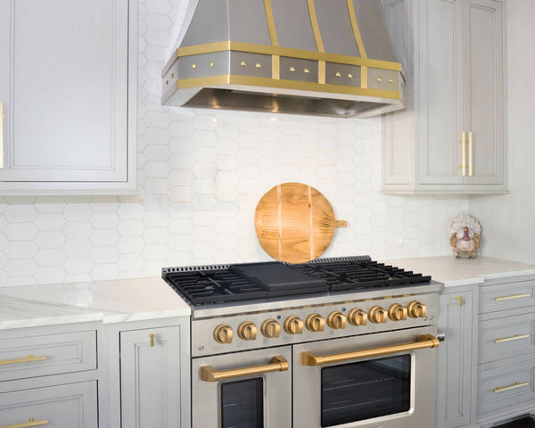 Luchar 48" Slide-in Freestanding Professional Style Gas Range with 6.7 Cu. Ft. Oven, 8 Burners, Convection Fan, Cast Iron Grates. Stainless Steel & Gold