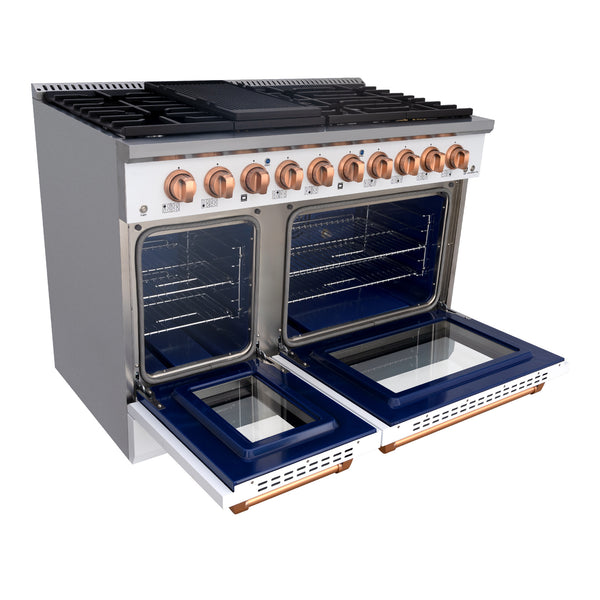 Luchar 48" Slide-in Freestanding Professional Style Gas Range with 6.7 Cu. Ft. Oven, 8 Burners, Convection Fan, Cast Iron Grates. White & Copper