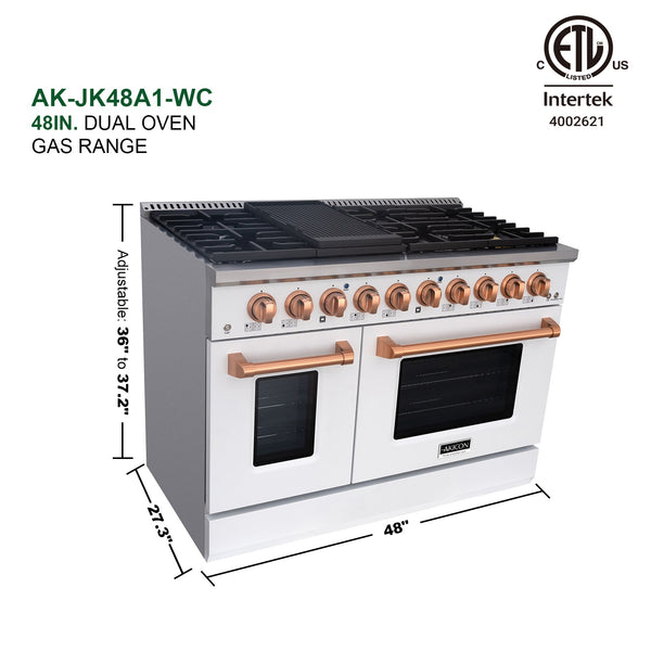 Luchar 48" Slide-in Freestanding Professional Style Gas Range with 6.7 Cu. Ft. Oven, 8 Burners, Convection Fan, Cast Iron Grates. White & Copper