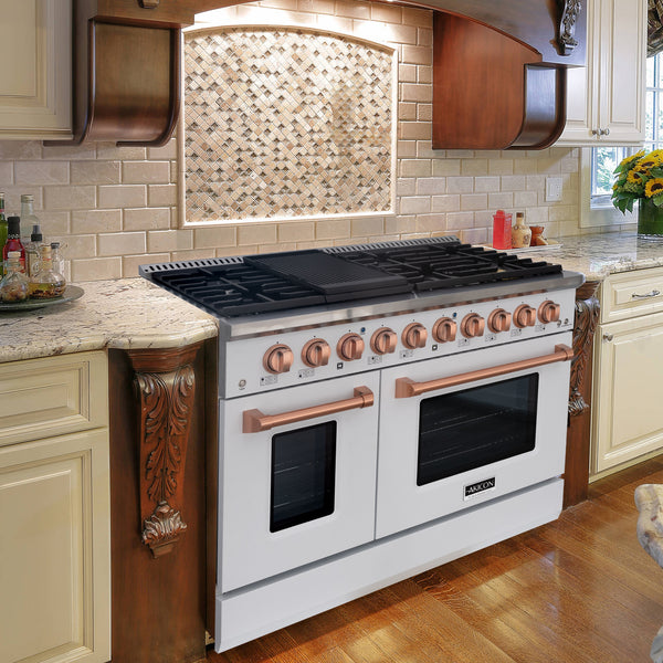 Luchar 48" Slide-in Freestanding Professional Style Gas Range with 6.7 Cu. Ft. Oven, 8 Burners, Convection Fan, Cast Iron Grates. White & Copper