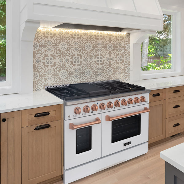 Luchar 48" Slide-in Freestanding Professional Style Gas Range with 6.7 Cu. Ft. Oven, 8 Burners, Convection Fan, Cast Iron Grates. White & Copper