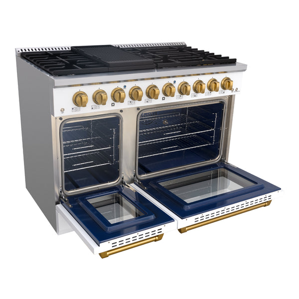 Luchar 48" Slide-in Freestanding Professional Style Gas Range with 6.7 Cu. Ft. Oven, 8 Burners, Convection Fan, Cast Iron Grates. White & Gold