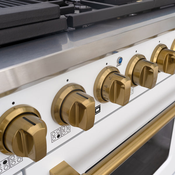 Luchar 48" Slide-in Freestanding Professional Style Gas Range with 6.7 Cu. Ft. Oven, 8 Burners, Convection Fan, Cast Iron Grates. White & Gold