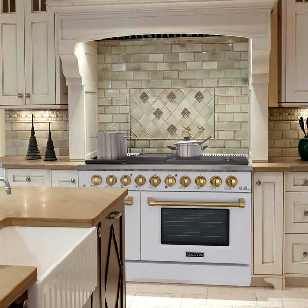 Luchar 48" Slide-in Freestanding Professional Style Gas Range with 6.7 Cu. Ft. Oven, 8 Burners, Convection Fan, Cast Iron Grates. White & Gold
